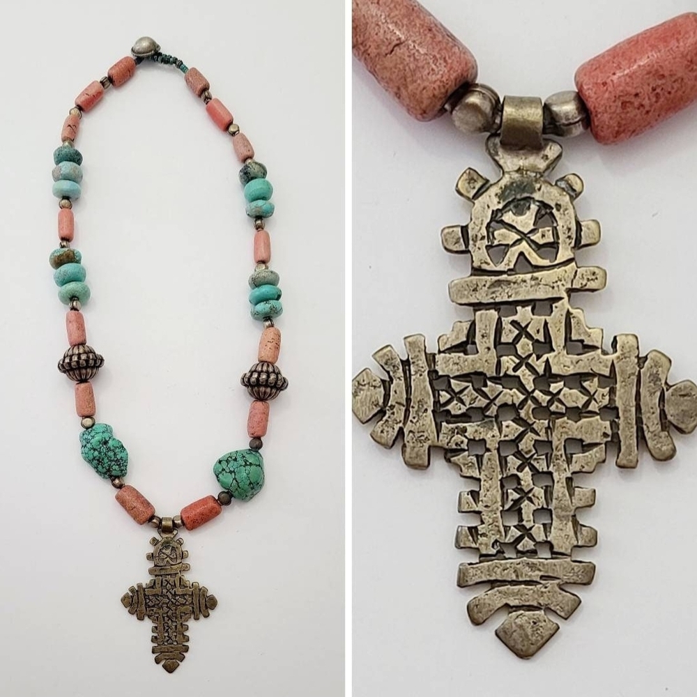 Vintage Handcrafted Beaded Turquoise And Coral Necklace with Cross